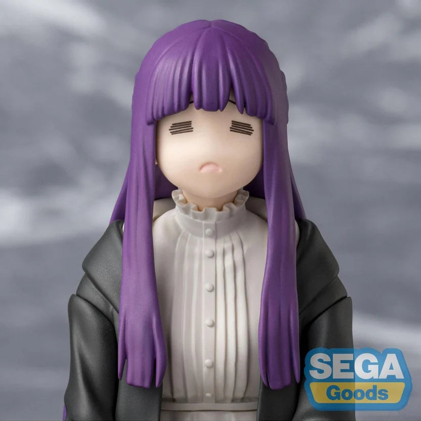 Figurine of Fern with purple hair and a sad expression, wearing a black coat and white shirt, against a gray background with Sega Goods logo.