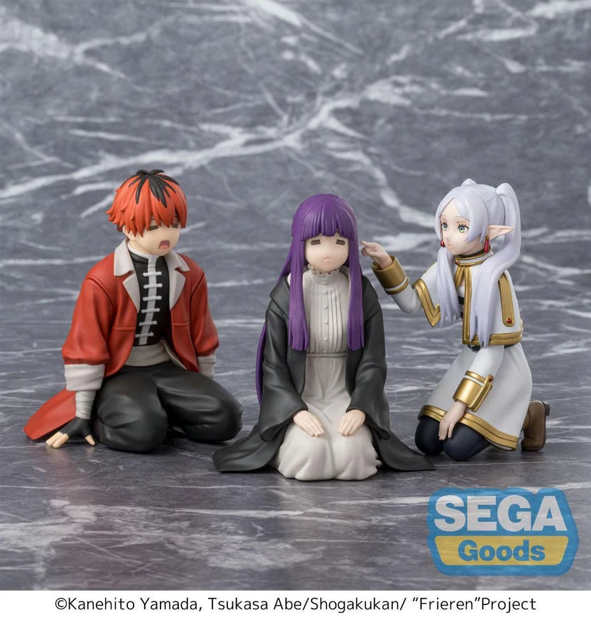 Three figurines of Characters from Frieren on a marble surface with 'Sega Goods' logo.