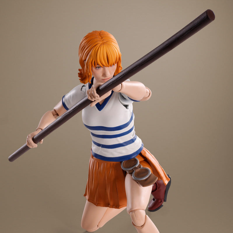 Figure of a character with red hair holding a long pole on a brown background