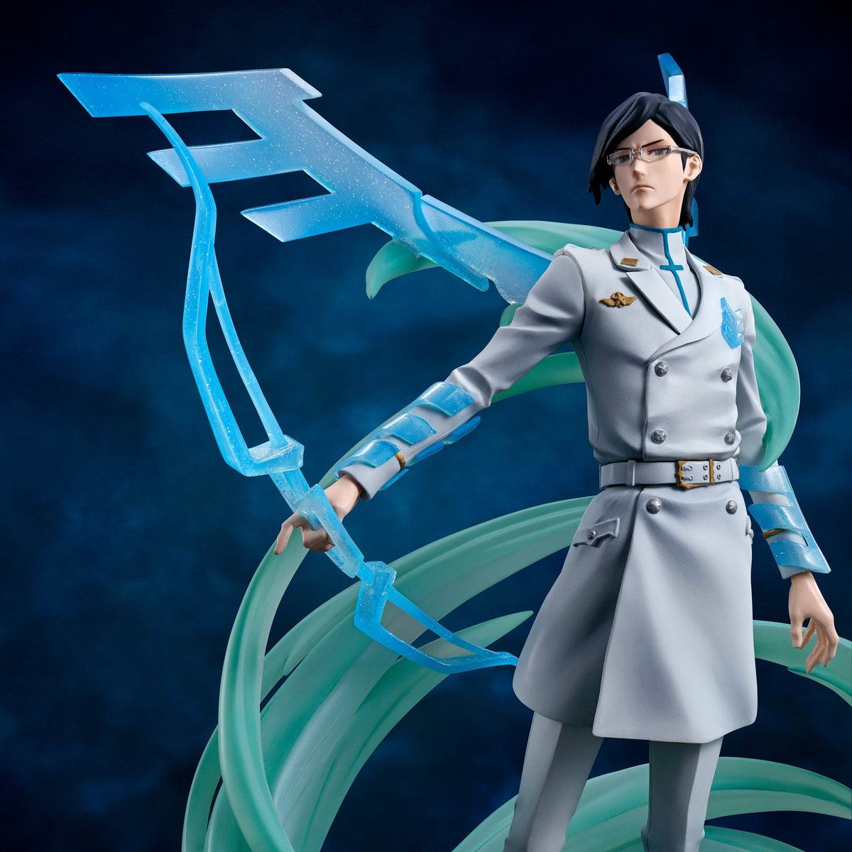Figure in a gray uniform holding a large blue weapon against a dark background
