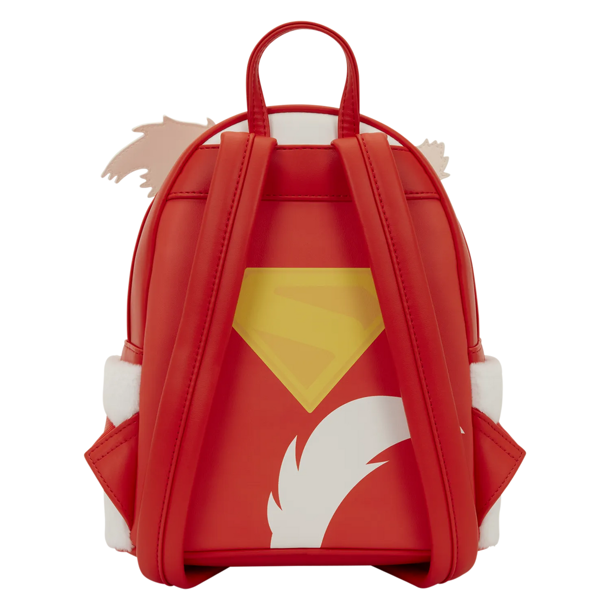 Red backpack with a yellow emblem and white accents on a white background