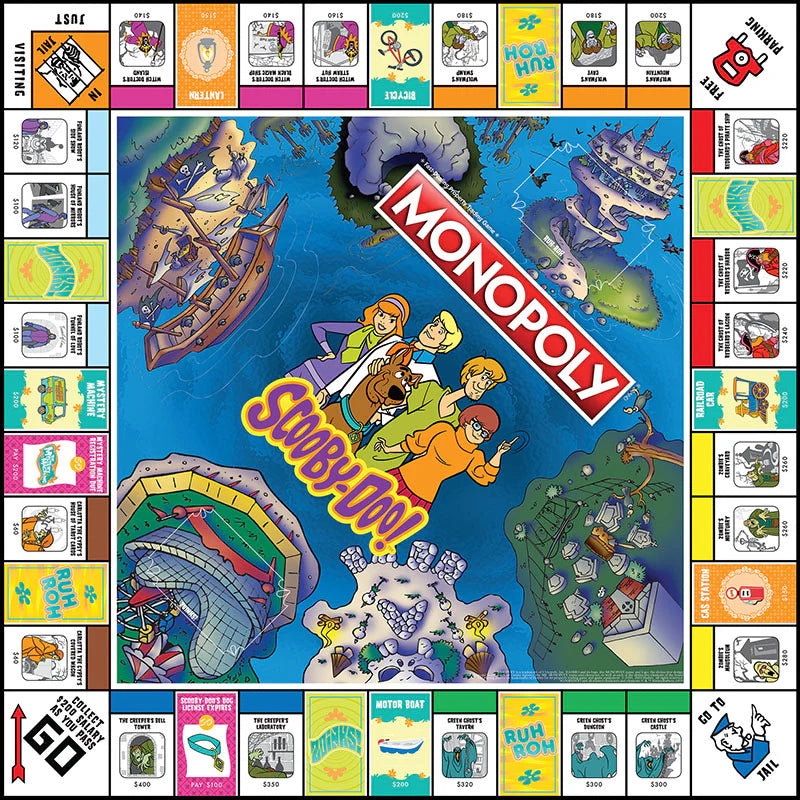 A square board game layout featuring the classic Monopoly grid with a large central illustration of the Scooby-Doo cartoon characters and title. - Games - Board Games - Monopoly