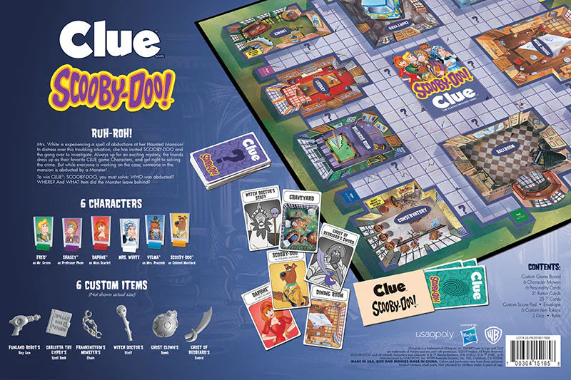 Clue Scooby-Doo board game packaging with game pieces and character cards on a blue background - Action Figures - Television
