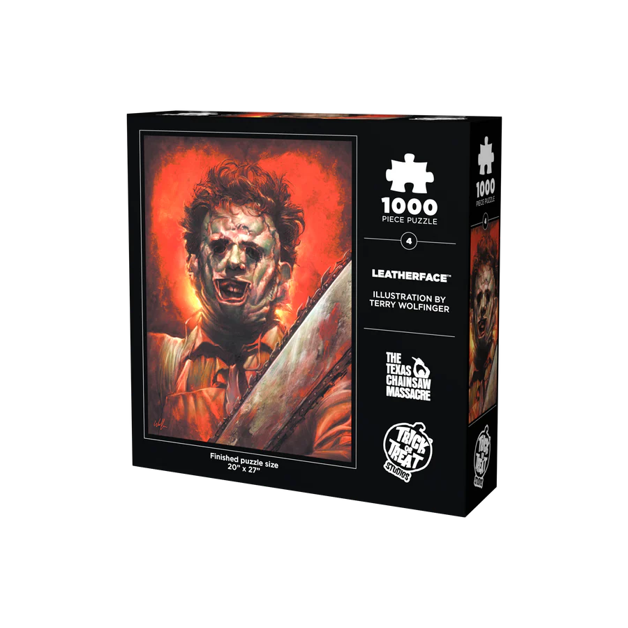 Jigsaw puzzle box featuring a character with a red background and 'The Texas Chainsaw Massacre' logo. - Action Figures - Horror