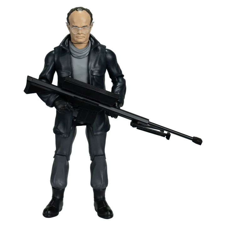 A collectible action figure of a man in a black jacket and gray turtleneck holding a black rifle, shown against a plain white background. - Action Figures - Movies