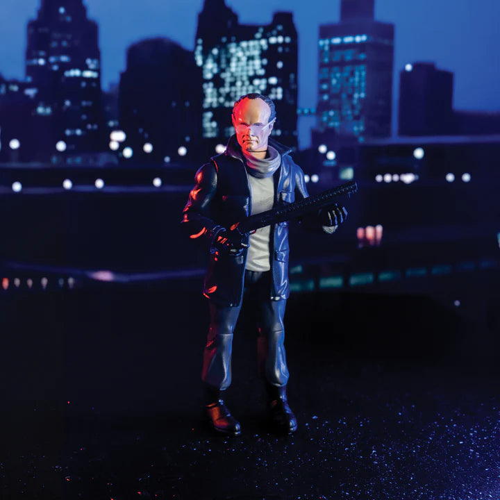 Clarence Boddicker action figure holding a gun against a cityscape background - Action Figures - Movies
