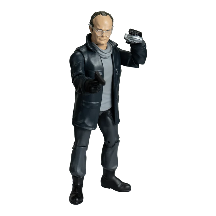 A collectible action figure of a man wearing a black leather jacket, gray shirt, and black pants, holding a grenade in one hand and pointing a gun with the other, set against a plain white background. - Action Figures - Movies