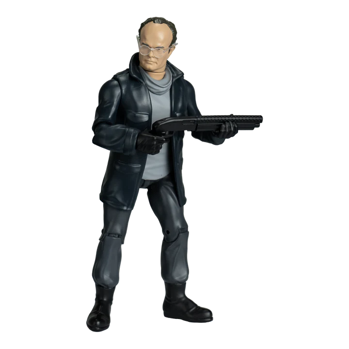 A collectible action figure of a man in a black leather jacket and gray shirt holding a shotgun, set against a plain white background. - Action Figures - Movies