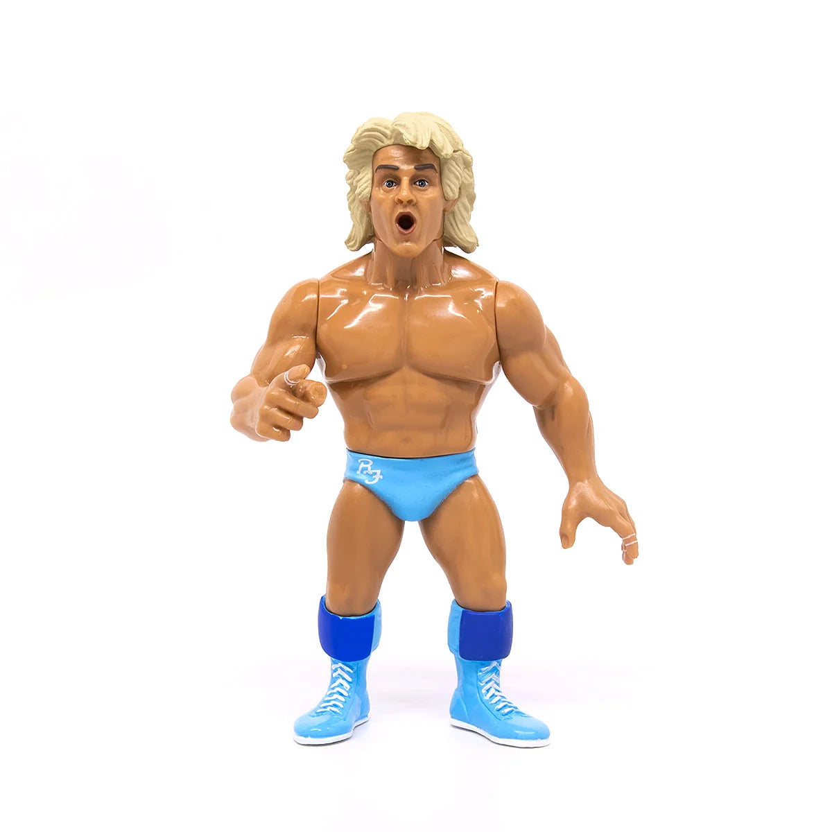 Action figure of Ric Flair with blonde hair, blue trunks, and blue shoes on a white background