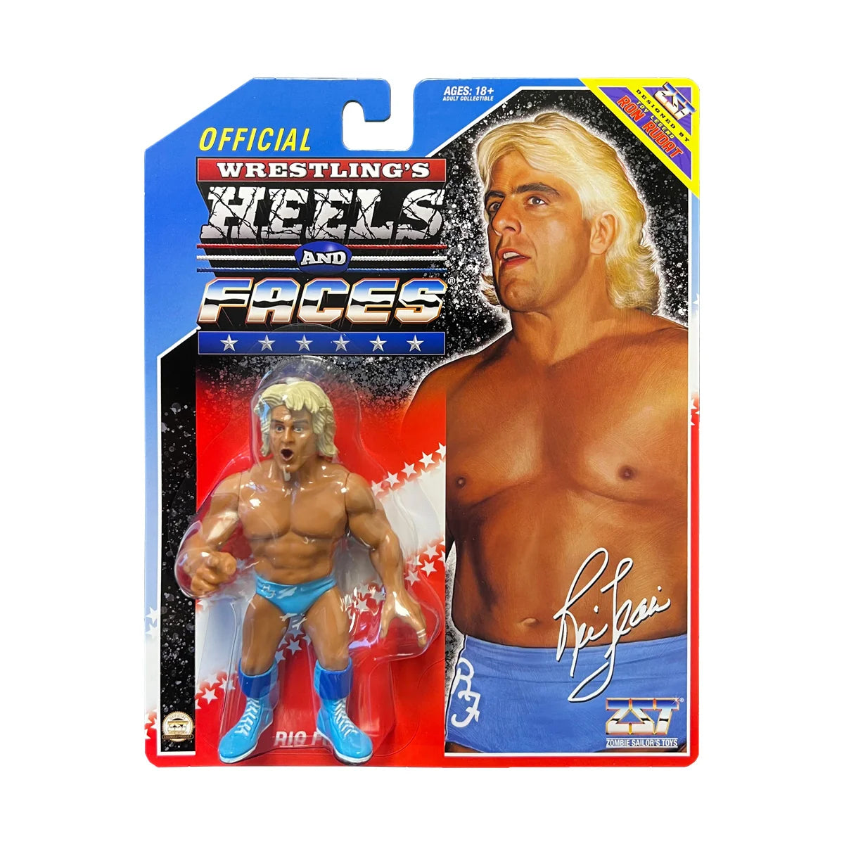 Wrestling action figure of Ric Flair in his original carded packaging, featuring a photo of Ric Flair on the right side of the card and the figure on the left.