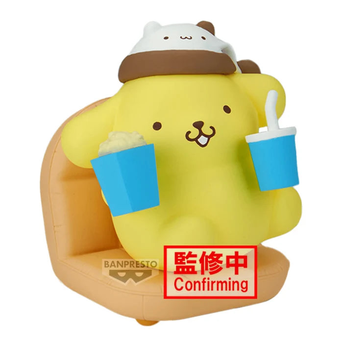 Sanrio Pompompurin Nakayoshi Memories figure relaxing in a tan chair with popcorn and a blue drink. - Action Figures - Anime