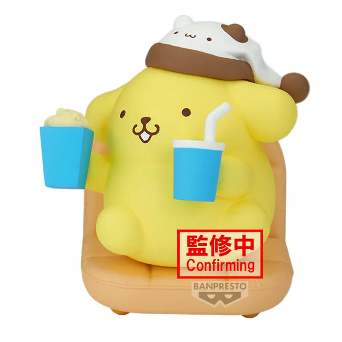 Pompompurin Relaxing Time at Home figure wearing a Muffin-inspired hat and holding movie snacks. - Action Figures - Anime