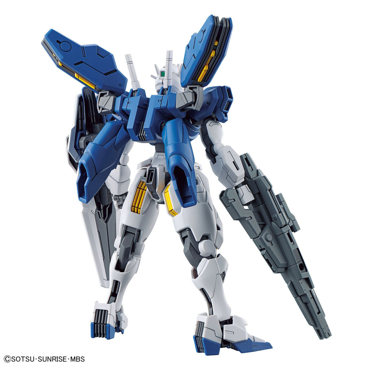 Rear view of GUNDAM AERIAL REBUILD model with blue and gray color scheme on a white background - Model Kits - Gundam