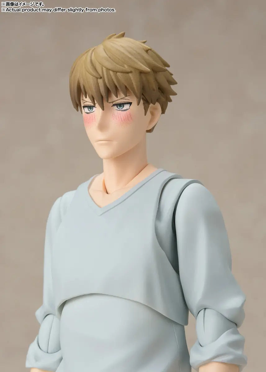 Figure of a person wearing a light gray outfit against a beige background blushing - Action Figures - Anime