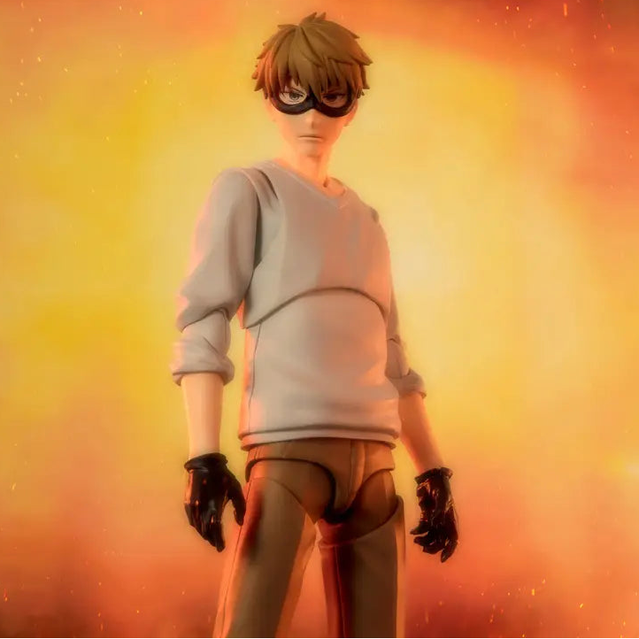 Animated character in a gray sweater and black gloves against an orange and yellow gradient background - Action Figures - Anime