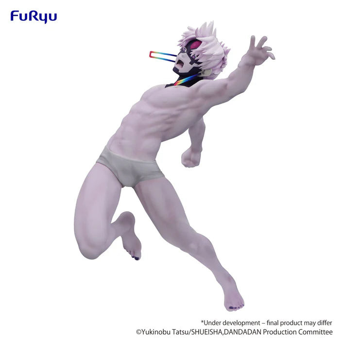Jiji transformed Trio-Try-iT figure from Dan Da Dan wearing white briefs, black mask, and rainbow earrings.