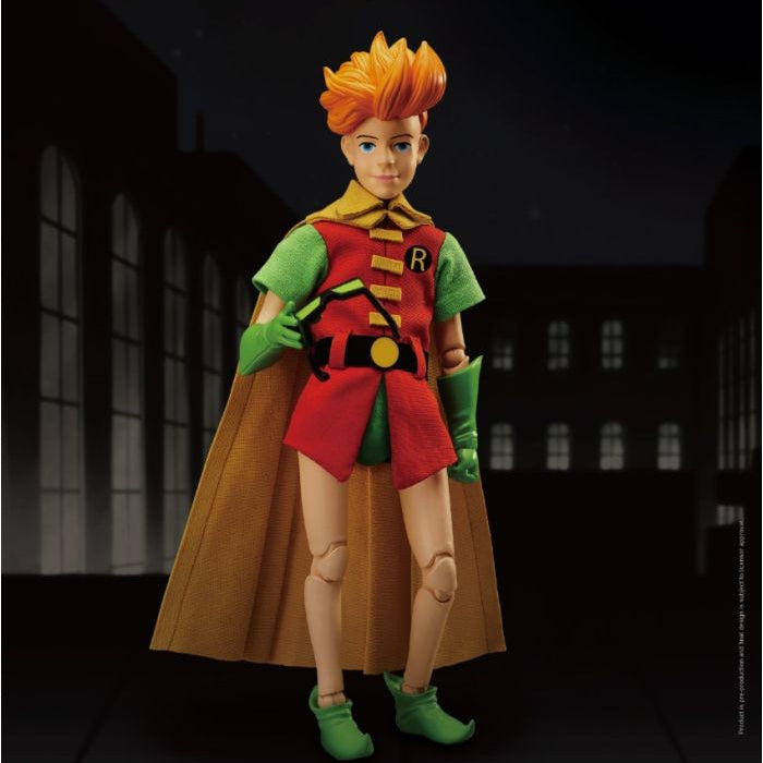 Action figure of Robin from Batman with a dark cityscape background - Action Figures - DC Comics