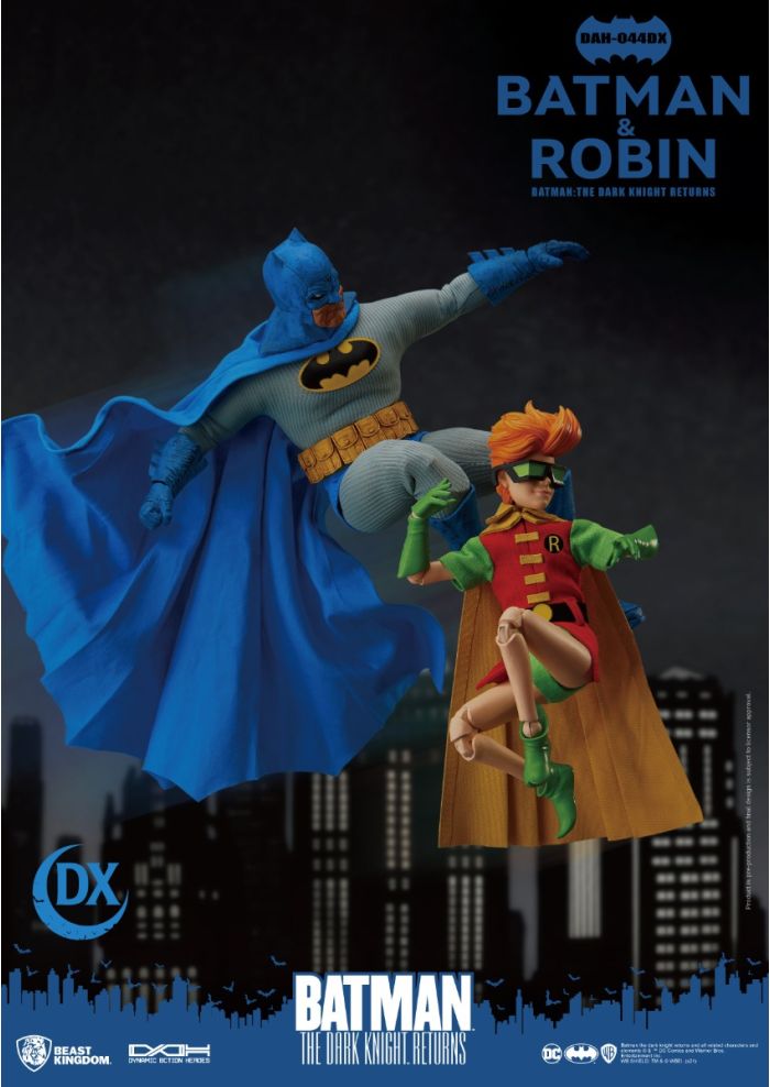 Action figures of Batman and Robin with a cityscape background - Action Figures - DC Comics