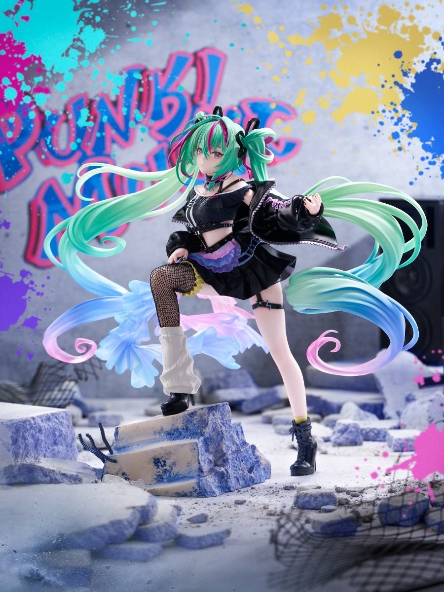 Hatsune Miku Statue with long green hair in a dynamic pose against a colorful, graffiti-style background. - Statues
