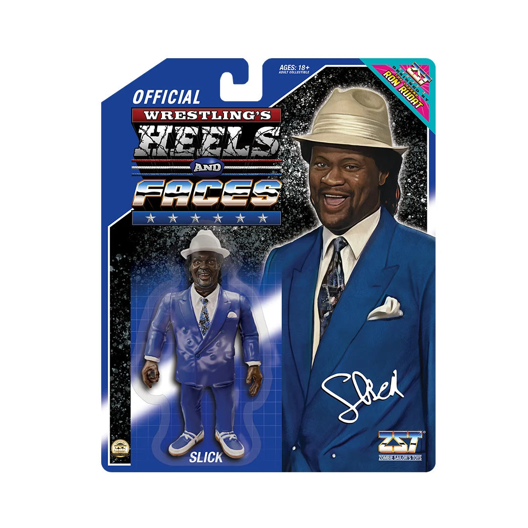 Wrestling's Heels and Faces action figure of Slick on its original carded packaging. The packaging features a large graphic of Slick in a blue suit and beige fedora, alongside a smaller figure of the action toy, with an autograph printed on the card. - Action Figures - Wrestling