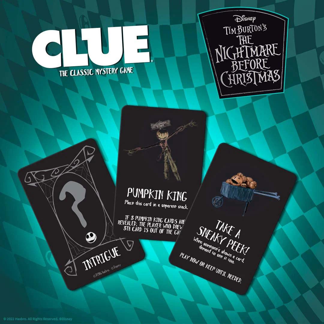 Clue game cards with 'The Nightmare Before Christmas' theme on a checkered background