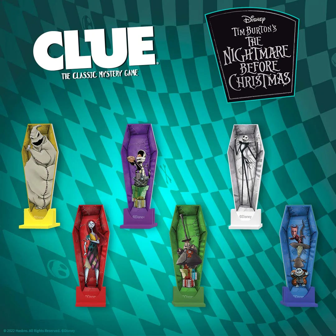 Set of 'Clue' game pieces inspired by 'The Nightmare Before Christmas' on a checkered background.