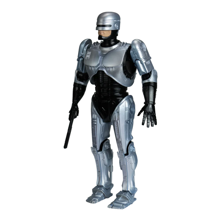 RoboCop figure features metallic silver armor plating over a black torso and limbs, with a small beige face panel and a silver visor. - Action Figures - Movies