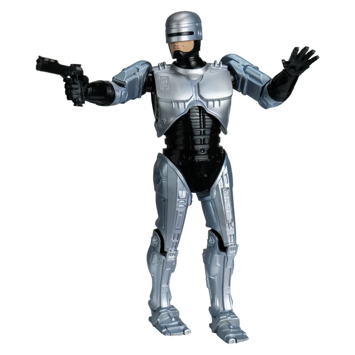 RoboCop action figure in a silver and black armored suit, holding a black pistol in one hand with the other raised, on a plain white background. - Action Figures - Movies