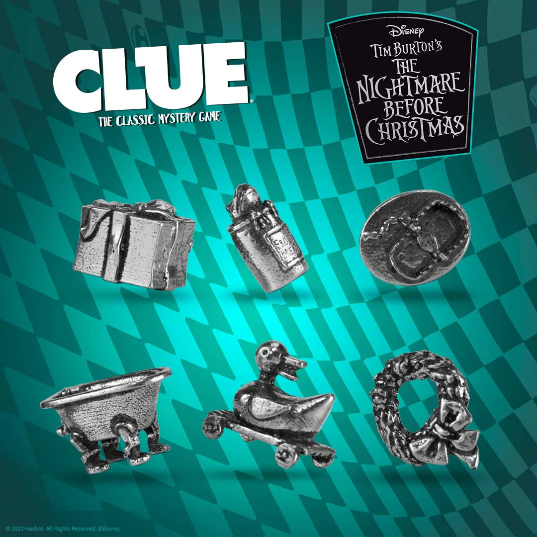 Set of metal "weapons" from Clue inspired by 'Clue' and 'The Nightmare Before Christmas' on a checkered background.